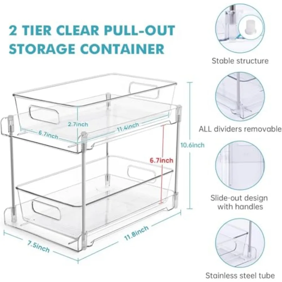 Clear Bathroom Organizers and Storage, 2 Tier Pull Out Under Sink Cabinet Organizer Plastic Drawer Organization and Storage for view 2