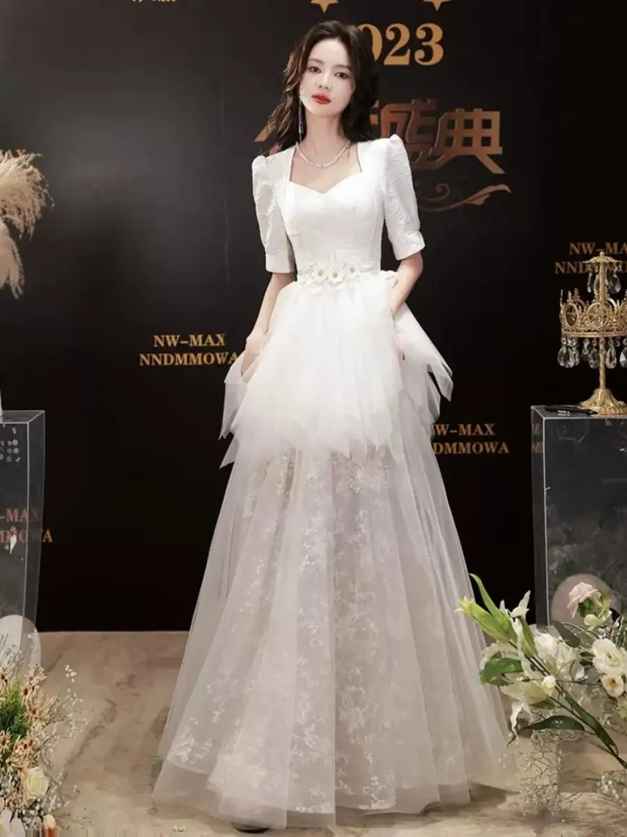 

White Jacquard Evening Dress Elegant French Square Collar Puff Sleeve Graduation Dresses Sweet Fluffy Spliced Lace Prom Gown