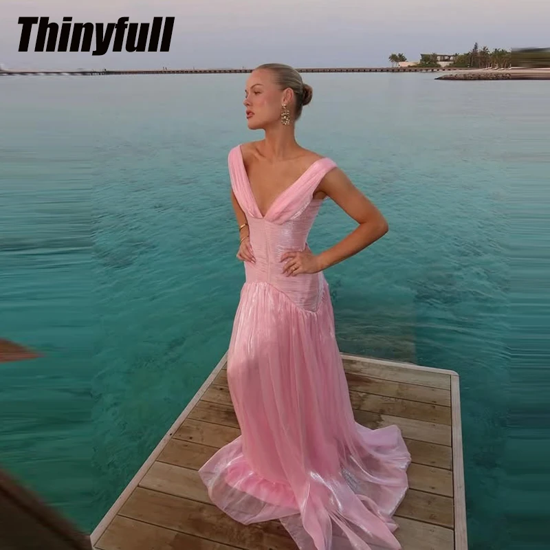 

Thinyfull Shiny Satin A-line Prom Dress 2026 Sleeveless V-neck Evening Dress Vestidos De Fiesta Elegantes Party Gown Customized
