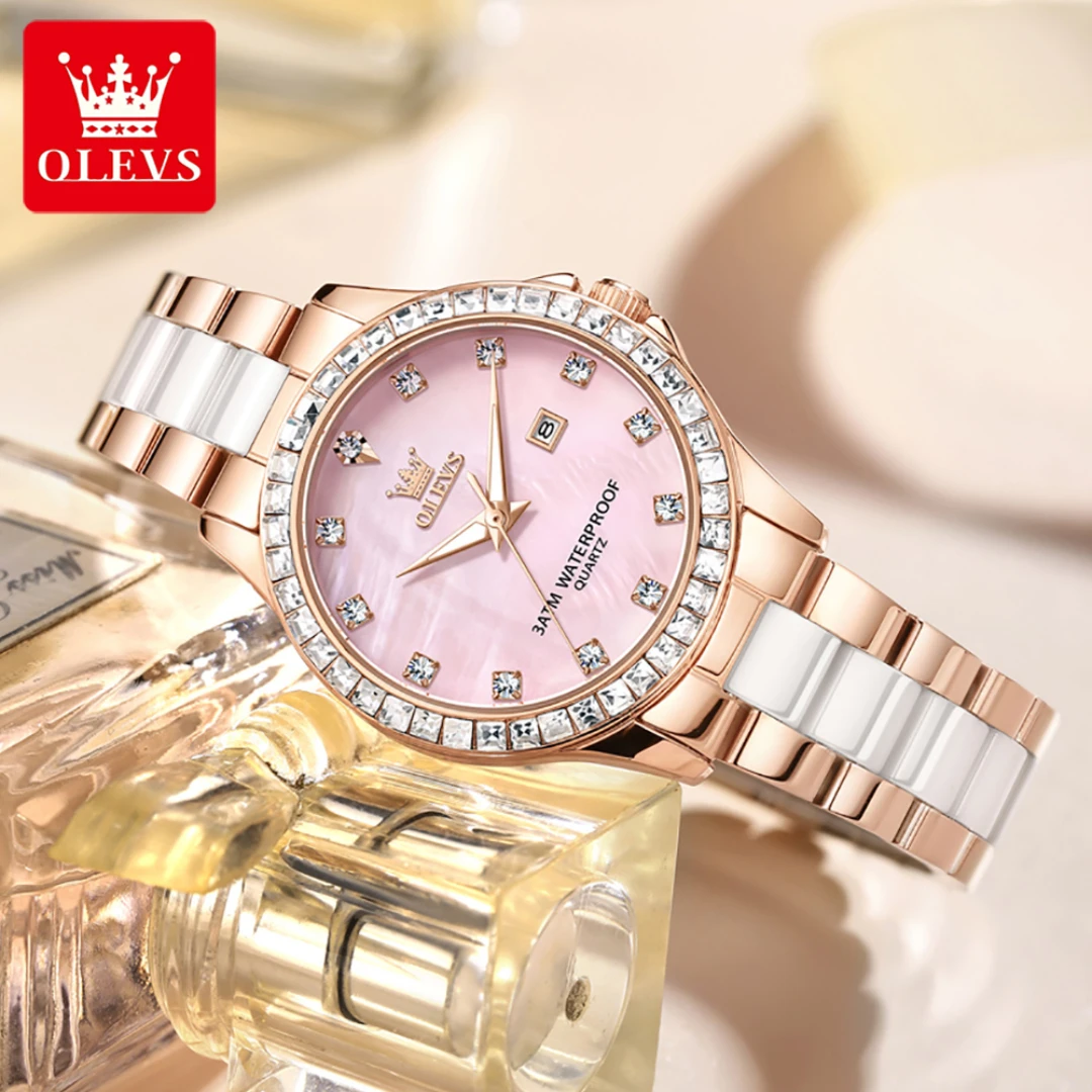 

OLEVS 3651 Fashion Quartz Watch Gift Round-dial Ceramic Watchband Wristwatch Calendar Luminous