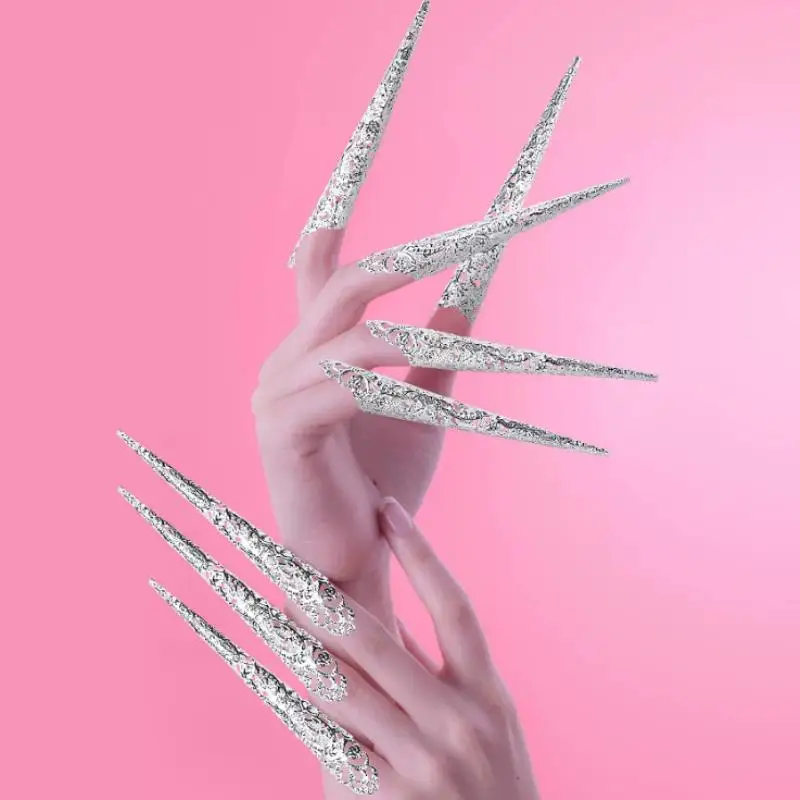 Indian Thai Dance Peacock Belly Dance False Nail Finger Jewelry Decoration Hollow Finger Cots False Nail Finger Nail Tip 10Pcs