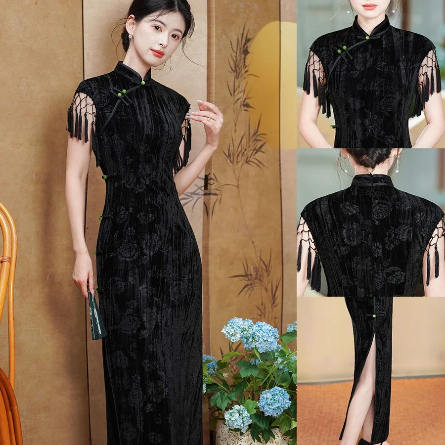 

Long Cheongsam Vintgae Classic Chinese Women's Dress Autumn Winter Velour Mandarin Collar Qipao Elegant Sexy Slim Split Vestidos