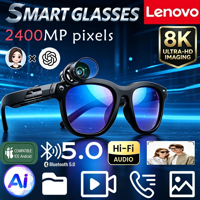 Lenovo 8K Touch Smart Sunglasses Bluetooth AI Voice Assistant Camera Record Multi‑Language Translator for Outdoor Wear