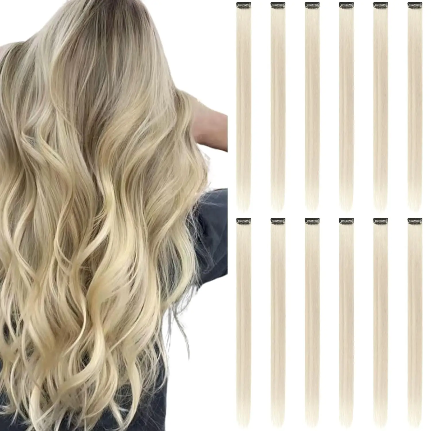 12PCS/Pack Colored Party Highlights Clip-in Hair Extensions for Girls 22 Inches Omber Colors Straight Hair Synthetic Hairpieces