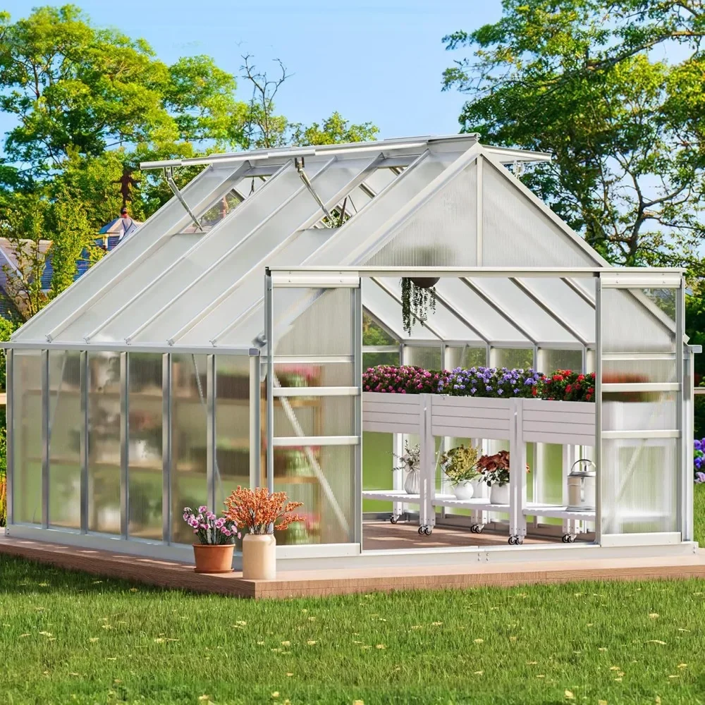 

10x12FT Polycarbonate Greenhouse Large Heavy Duty Green Houses Outdoor Aluminum Greenhouses with Sliding Doors Vent Window