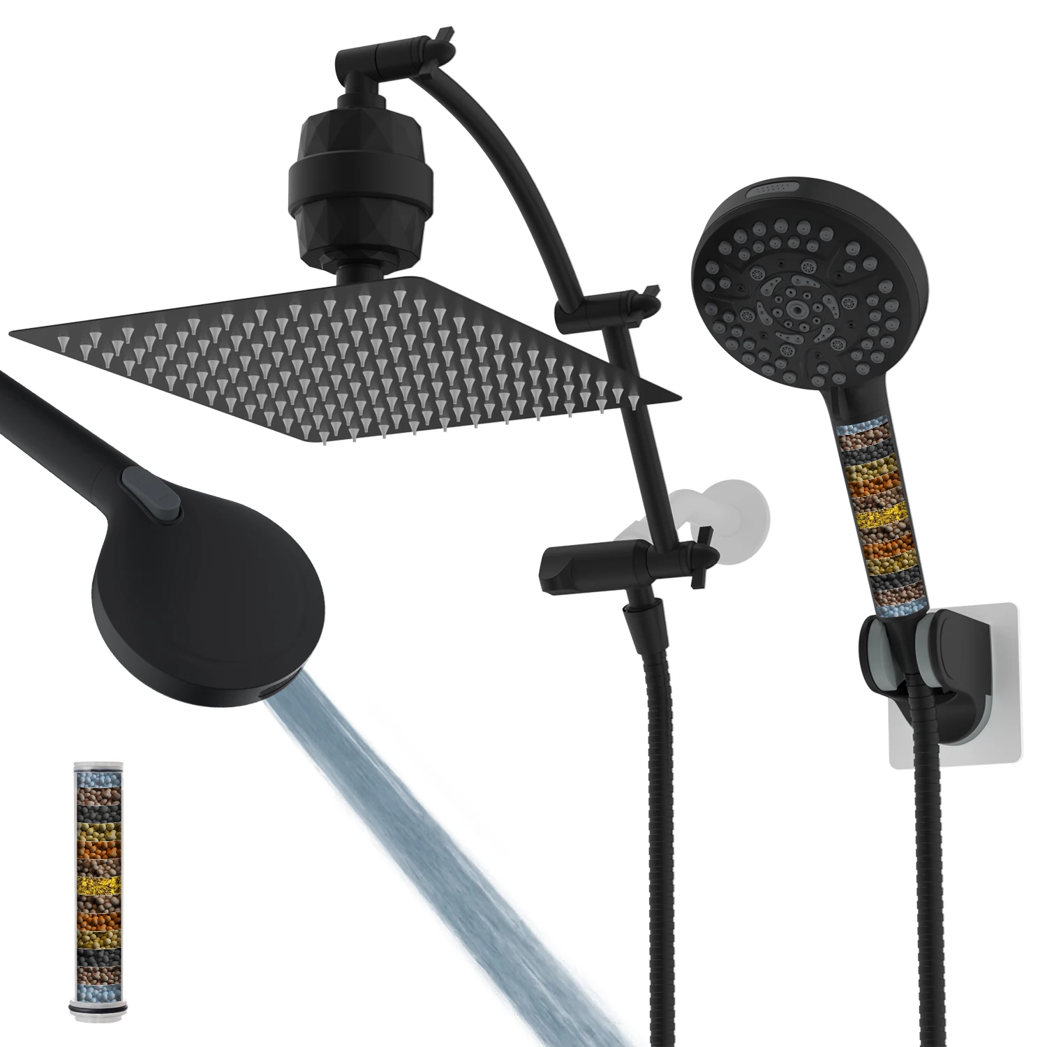 

Black 12'' High Pressure Filtered Rainfall Shower Head Combo with Handheld Shower Head , 20 Stage Shower Filter