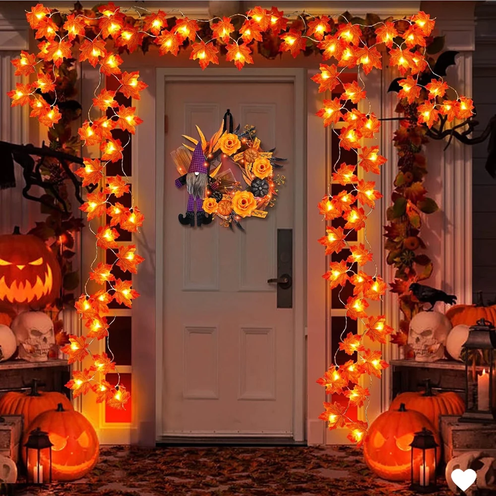 Guirnalda de luces LED para Halloween de 2/3/6M, guirnalda de farol de hoja de arce artificial, decoraciones para el hogar del Día de Acción de Gracias de Navidad y Halloween