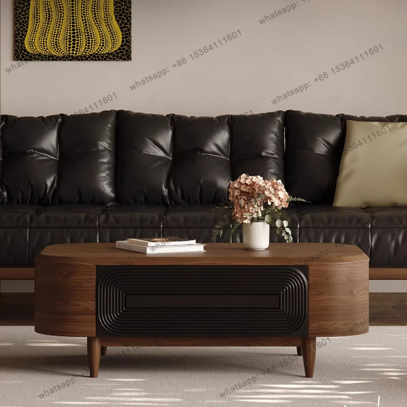 

Medieval style coffee table combination living room household oval solid wood walnut pattern retro creative light luxury