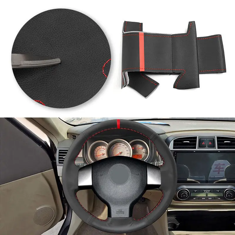 Black-red line with Red strip Microfiber Leather Steering Wheel Cover For Nissan Tiida Livina Sylphy Note Versa