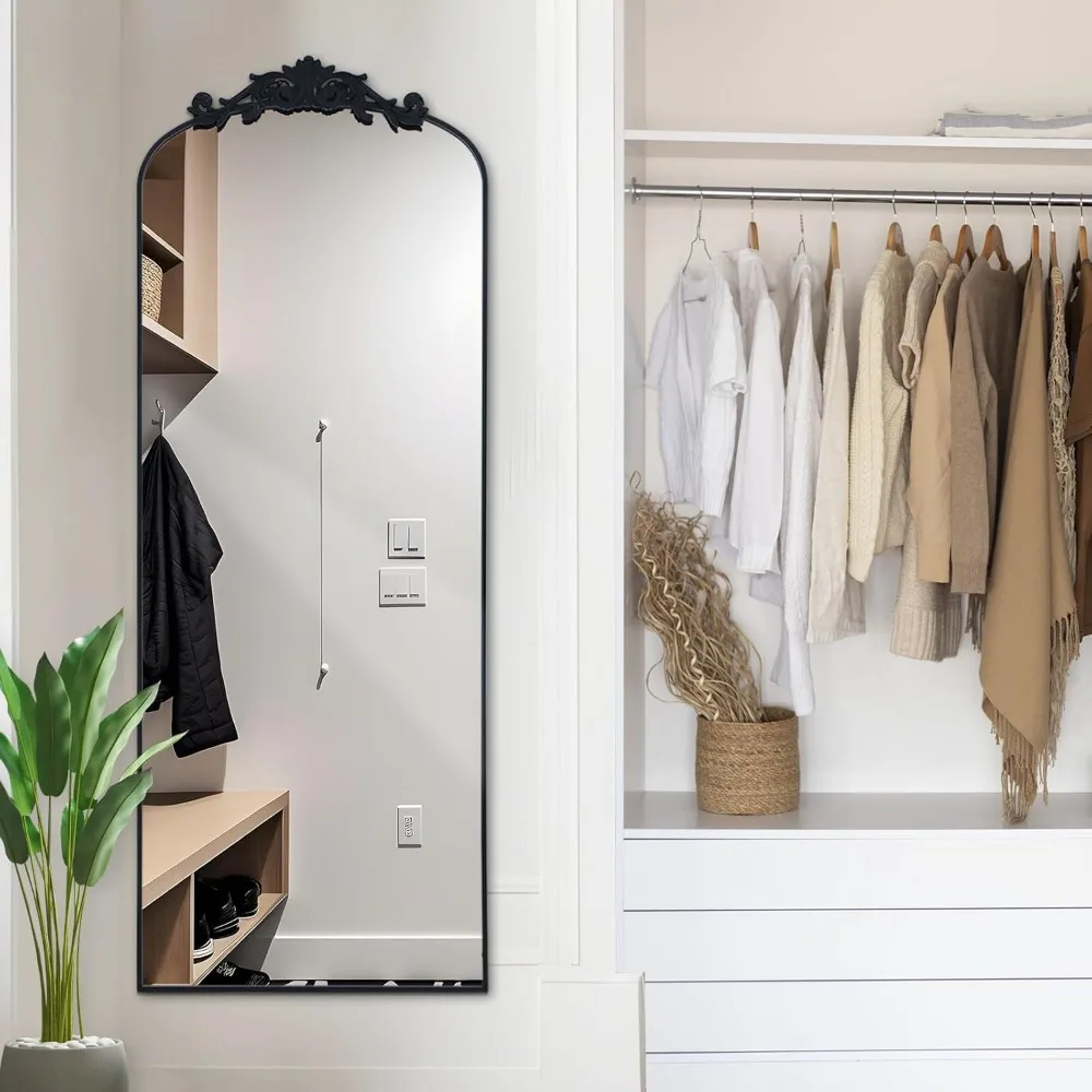 Espejo de piso de longitud completa tallado adornado vintage, 64x21, independiente, montable en la pared, espejo de cuerpo completo con diseño antiguo