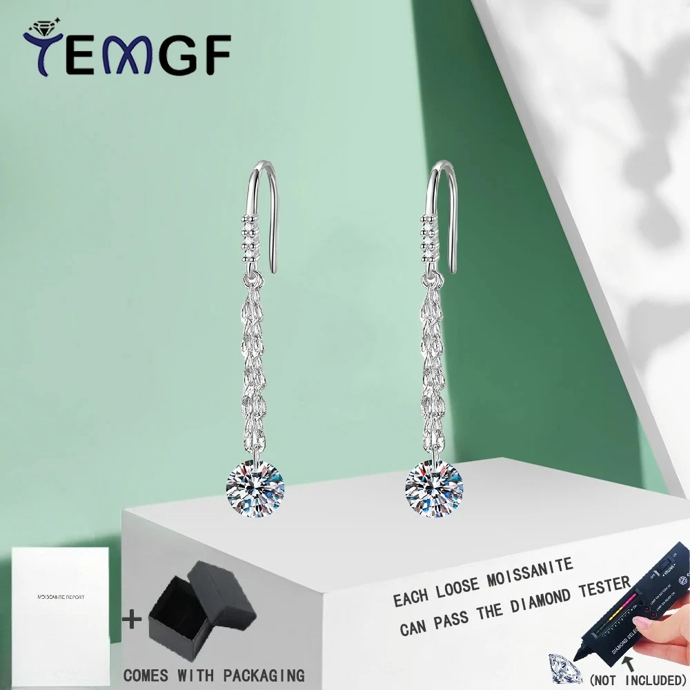 

TEMGF S925 Sterling Silver Tassel Earrings D Color Moissanite Drop Ear Studs for Women Girls Party Fashion Fine Jewelry With GRA