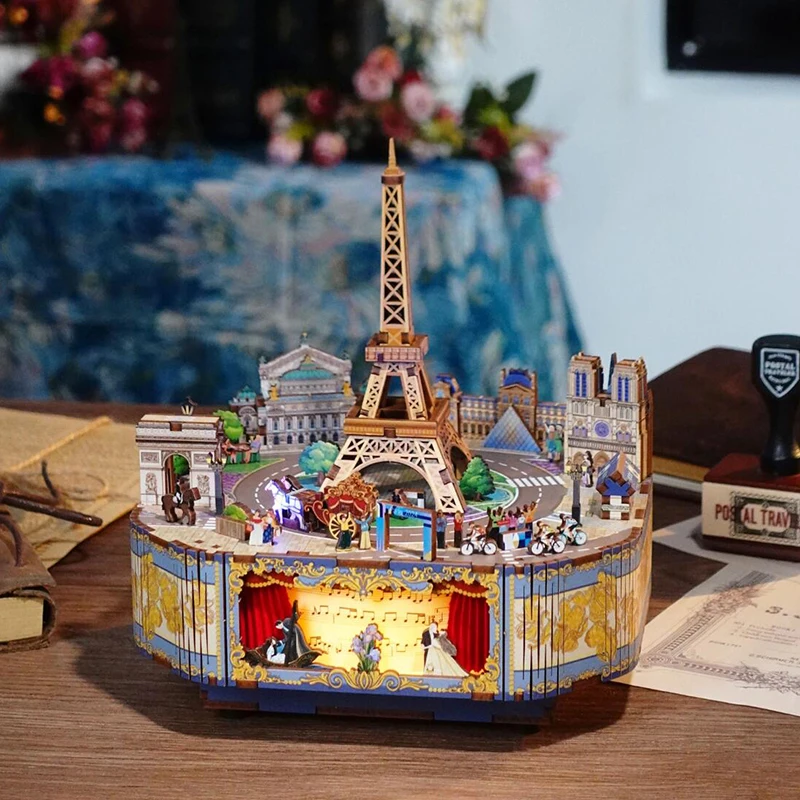 DIY 3D Wooden Music Box Miniature Model Kits Paris Street View Eiffel Tower Jigsaw Puzzles With Light Can Move for Friends Gifts