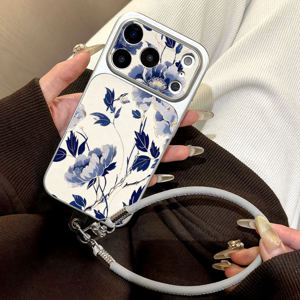 Lotusblumen-Handyhülle für iPhone 17 16 15 14 13 12 11 Pro Max Lichee-Muster Leder Stoßfeste Weiche Matte Rückseite Schutzhülle