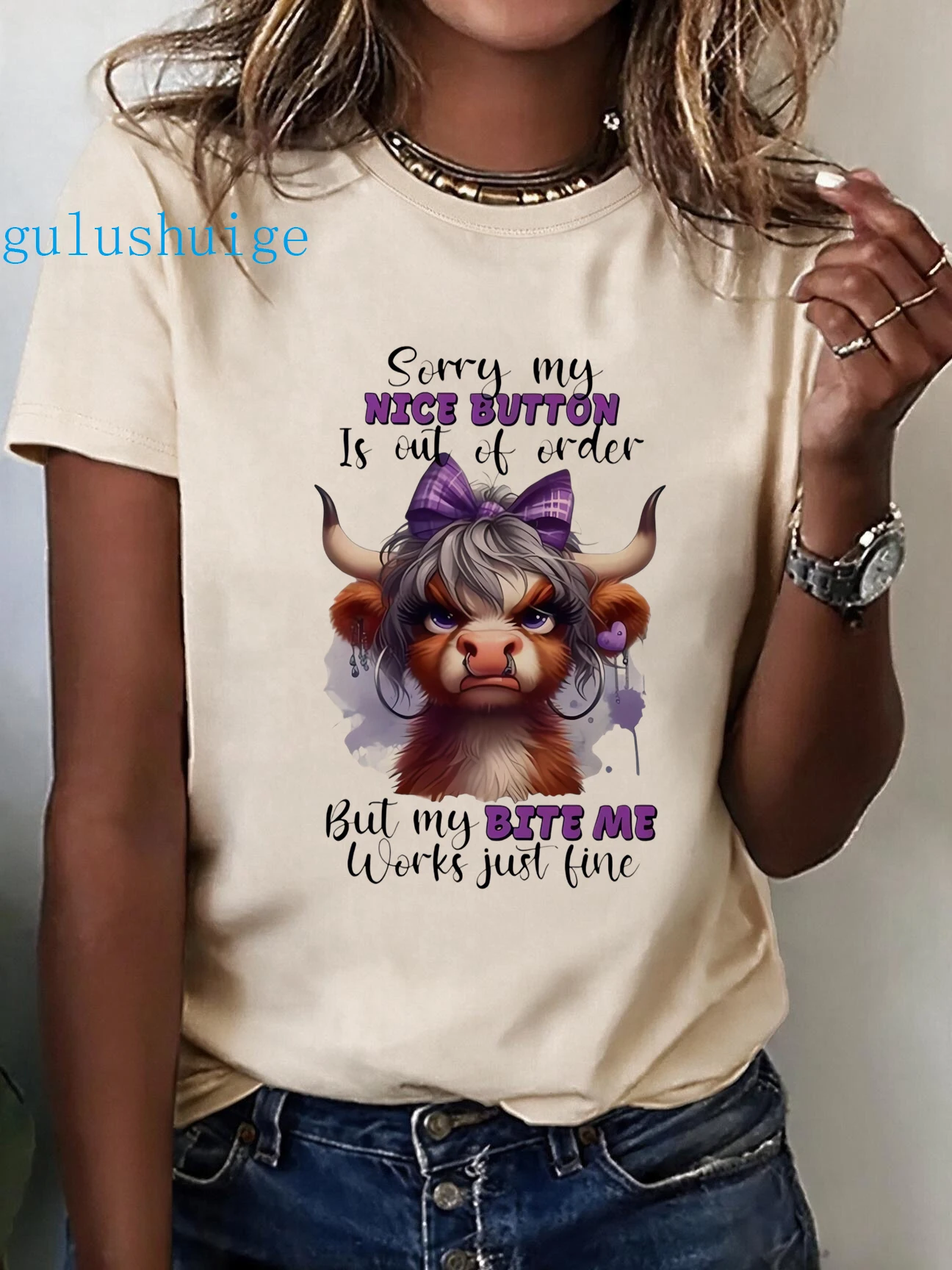 Women's Scottish Highland Cow Print T Shirt Casual T-Shirt Vintage Style Tops with Sorry My Nice Button Is Out of Order Clothes