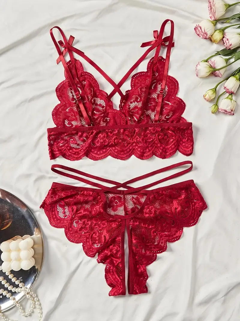 Passionate Red Lace Bra Sets Seductive Sexy Lingerie Crotchless Panties And Bra Set Irresistible Romance See-Through Underwear