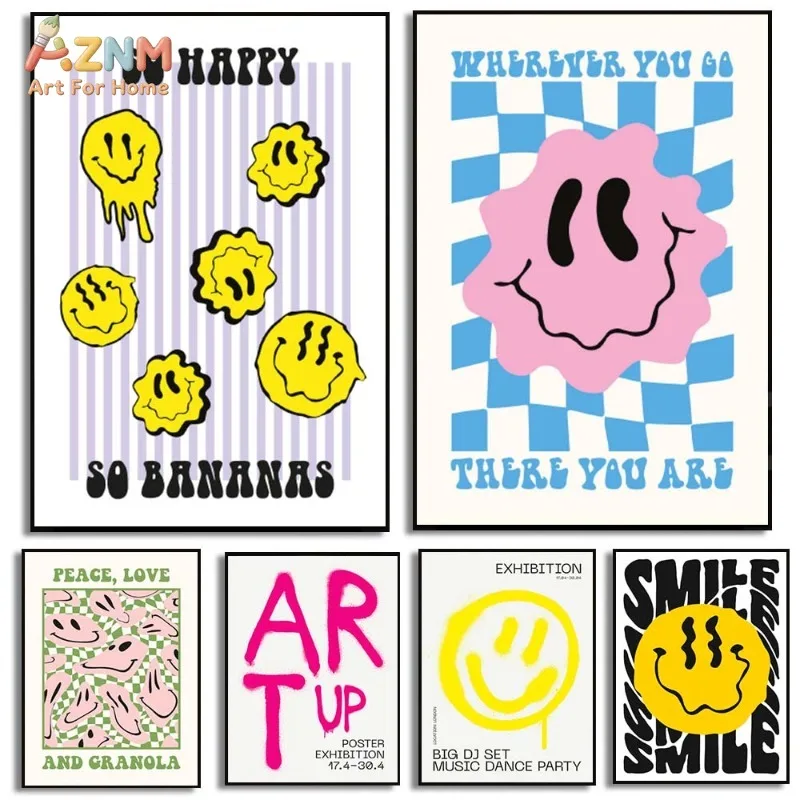 AZNM Retro Melting Smiley Face Canvas Wall Art Trendy Checkerboard Colorful Typography Poster Dorm Bedroom Unframed Decor Print