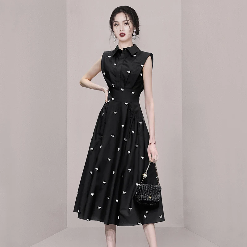 2024 Fashion Summer Shirt Collar Dress French Women Single Breasted Sleeveless Embroidery Heart Slim  Office Party Midi Dresses