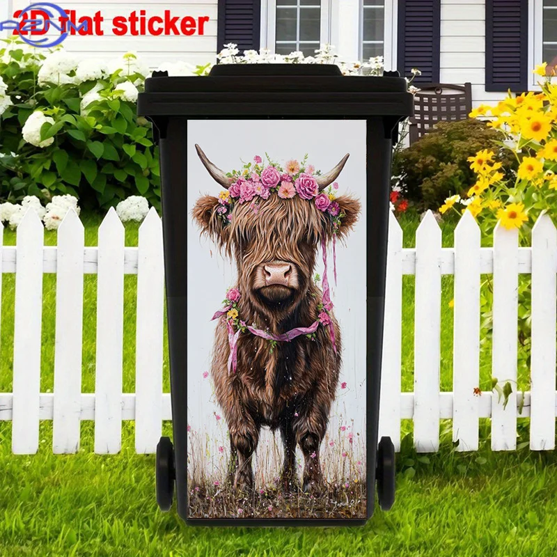 Bouquet Decor Trash Can Sticker Decoration, Flower-Crowned Highland Cow Stickers, Rustic Farmhouse Self-Adhesive Removable Tra