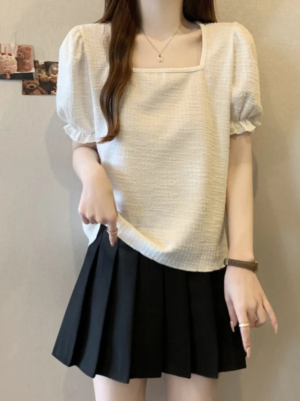 

Женский летний топ больших размеров с квадратным вырезом, коротким рукавом-фонариком, утягивающий, скрывающий недостатки фигуры, с завышенной талией