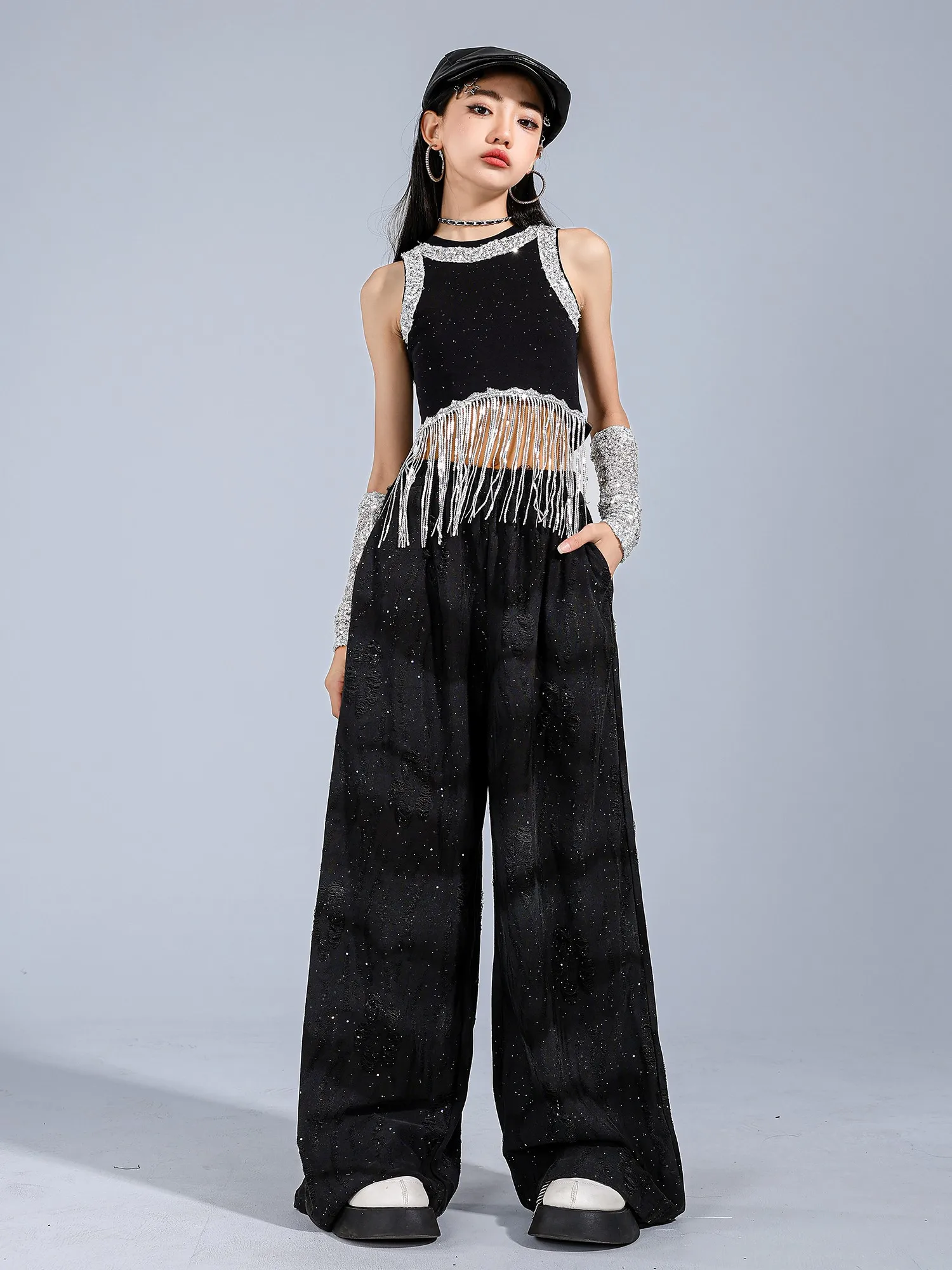 여자 Kpop 치어 리더 재즈 의상 힙합 댄스 복장 블랙 스팽글 배꼽 탑 바지 콘서트 무대 공연 슈트 BL16699