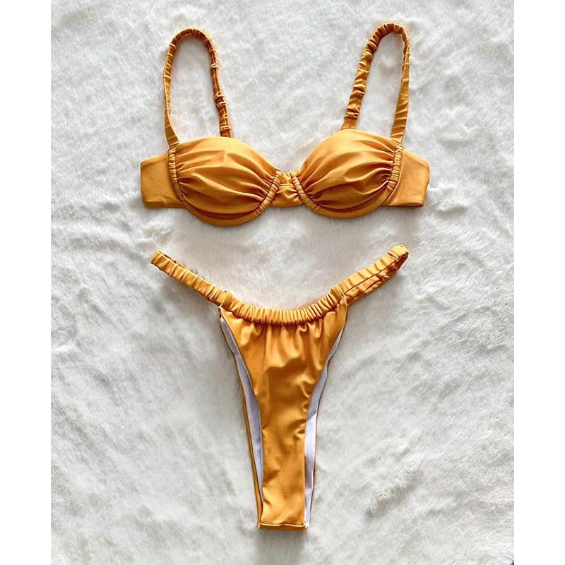

Trendy Pleated Micro Bikini Swimsuit Women Sexy Suspender G-string Split Bikini Set Summer 2025 New Spice Girl Beachwear 2 Piece