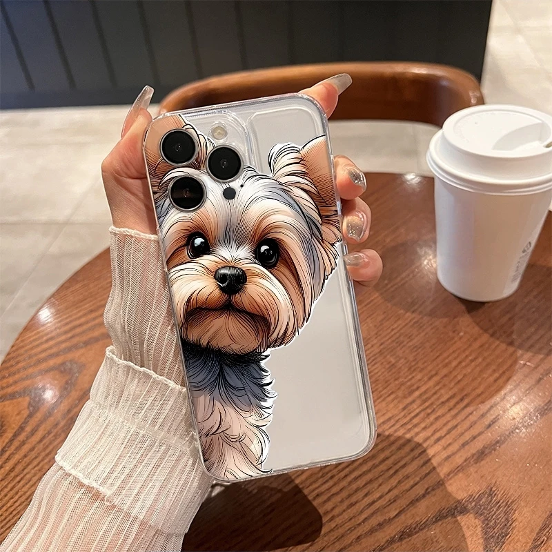 Funda Transparente Antigolpes Kawaii Teacup Yorkie para iPhone 17 Air 16E 16 15 14 11 Pro Max Plus 13 12 Mini 8 7 X