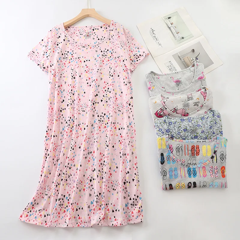 

New Multicolor Knit Short Sleeve Nightdress Cute Cartoon Plus Size Sleepdress for Women Printed Sleepwear Slip Homewear Dress
