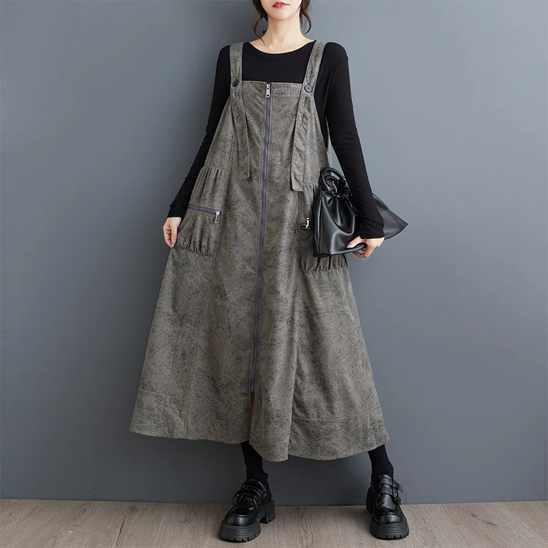 #6930 Spring Autumn Vintage Long A-line Dress Women Zipper Side Pockets Streetwear Sleeveless Spaghetti Strap Dress Laides Loose