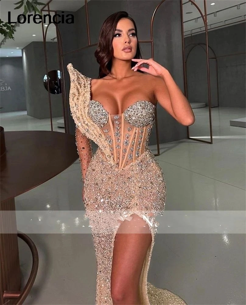 Lorencia Sparkly Champagne Sequin Mermaid Prom Dress For Black Girls Applique Beading Evening Party Gown Robe De Soiree YPD87