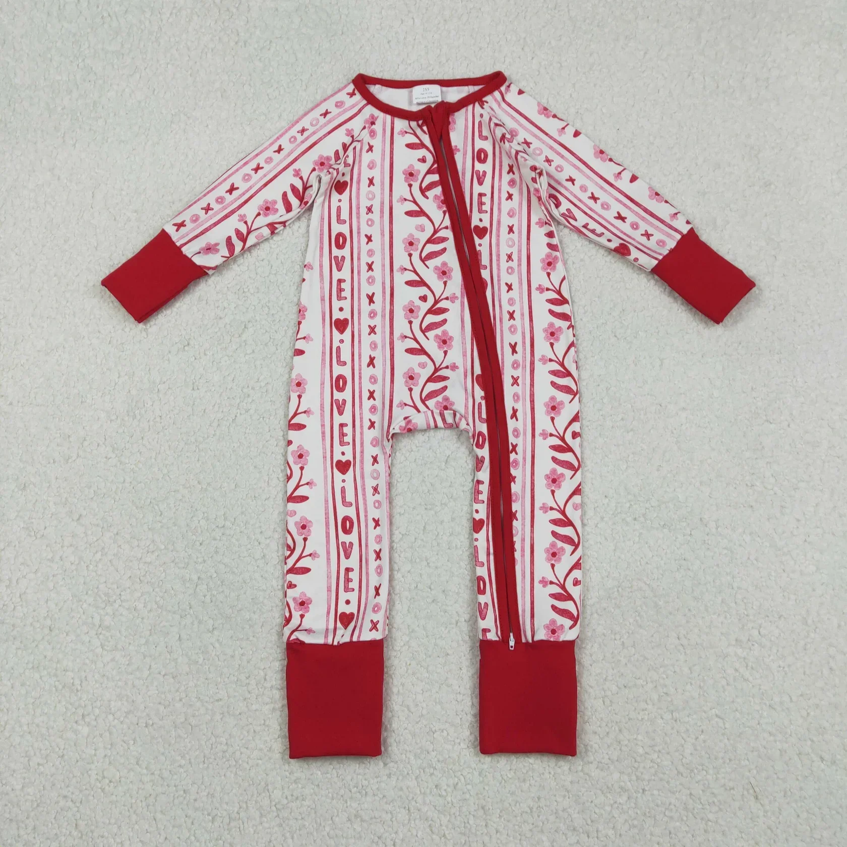 Wholesale Children Baby Girl Long Sleeve Infant Hearts Flower Valentine Romper Kids Toddler Newborn Red Zipper Footie Bodysuit