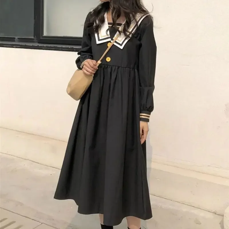 Japan Preppy Style Long Dress Female Clothing Sailor Collar Spring Autumn Contrasting Colors Stylish Patchwork A-Line Dresses