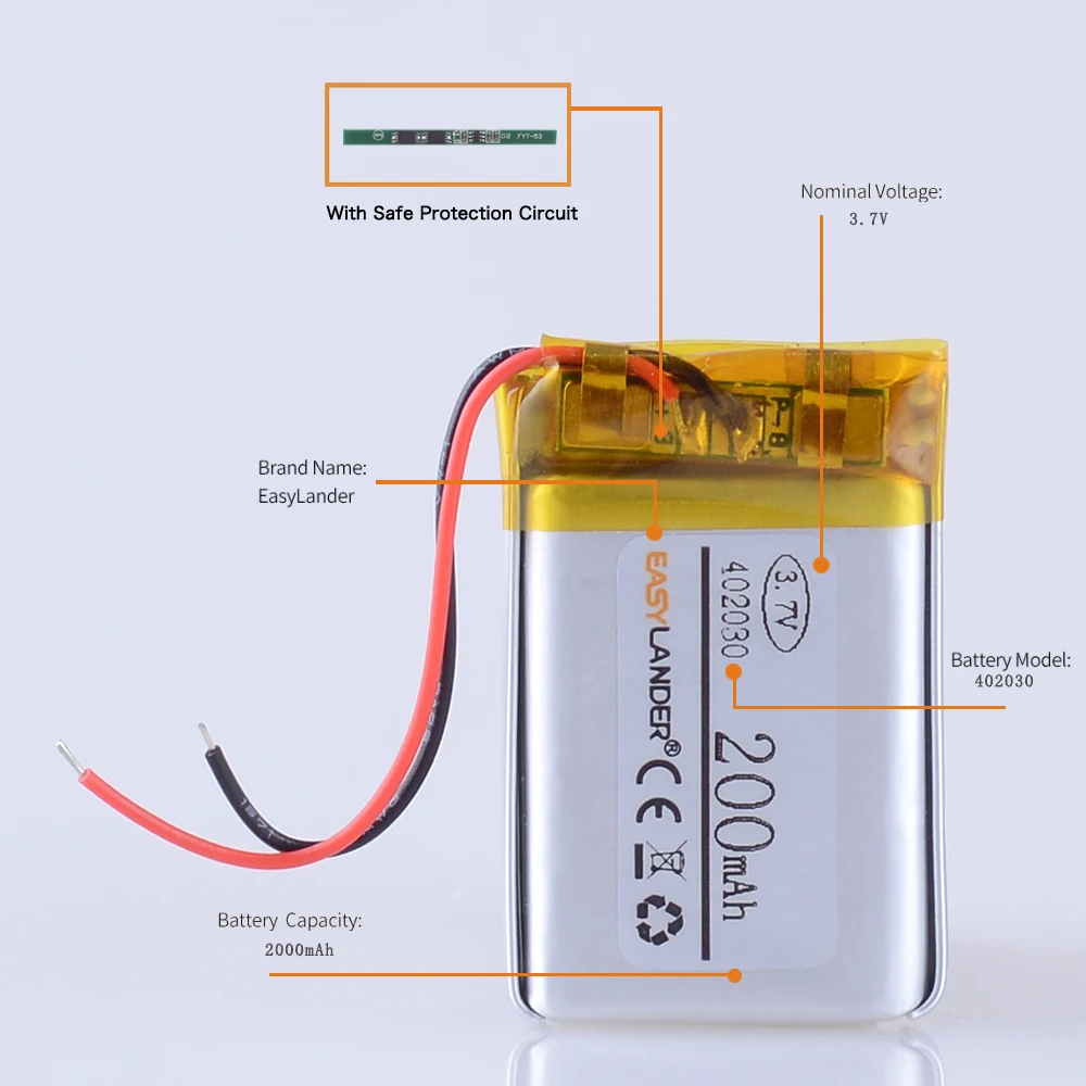 3.7V 200mAh 402030   Akumulator litowo-jonowy polimerowy