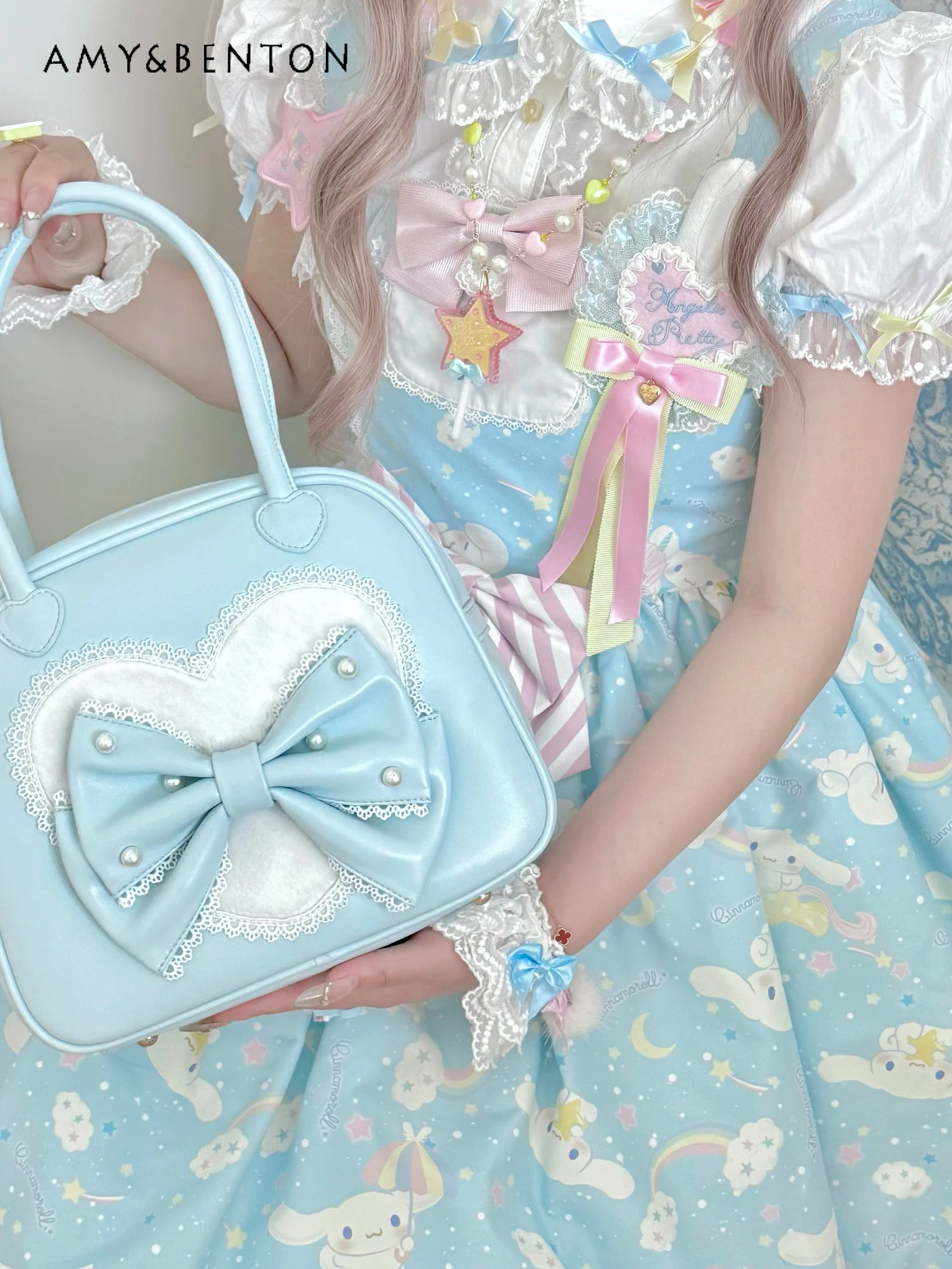 Lollita Handbag Women Original Design Cute Bow Lace Sweet Girl Patchwork Color Single Shoulder Bag Elegant Princess PU Handbag