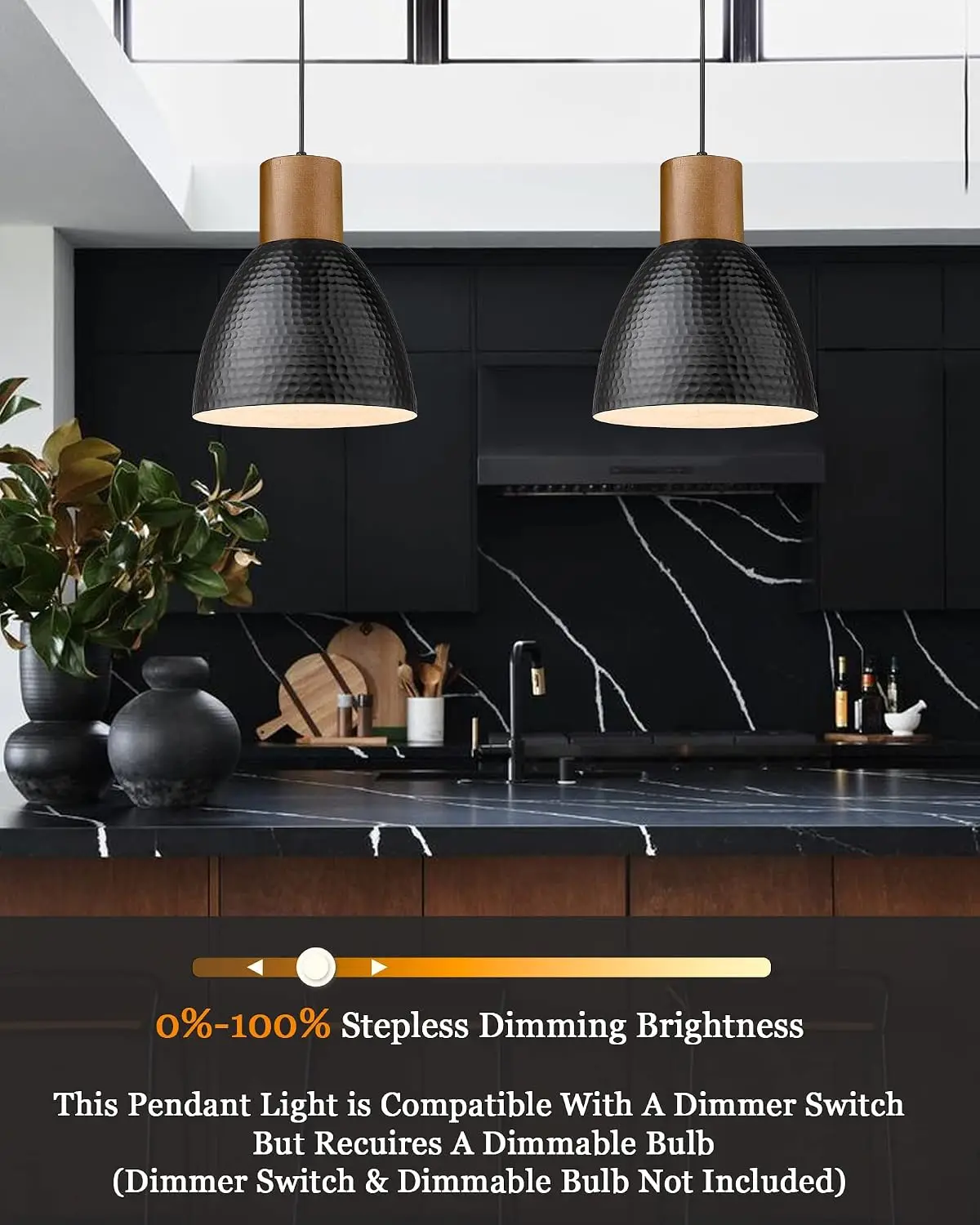 2 Pack Hammered Pendant Lights Industrial Metal Solid Wood Hanging Lamp Modern Island Light Fixtures For Kitchen Bar Farmhouse D