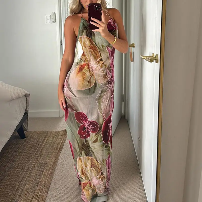 Combhasaki Donna Estate Boho Beachwear Catena di metallo Halter Collo ad anello Senza maniche Stampa floreale Backless Abito lungo con spacco alto Cami
