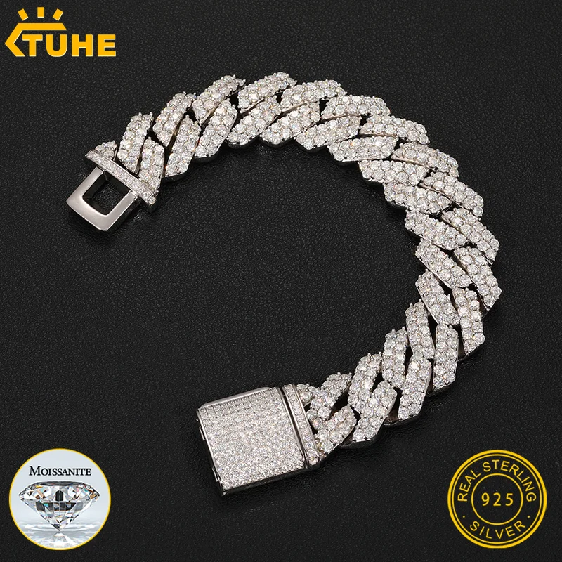 TUHE 20mm 925 Sterling Silver Moissanite Cuban Link Bracelet for Men Iced Out Full Paved D VVS1 Diamond Hip Hop Bracelet Pass T