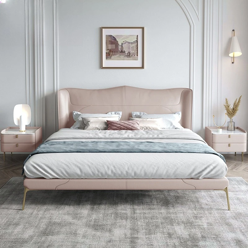 Postmodern light luxury leather bed American solid wood leather bed Internet celebrity master bedroom double bed 1.8 meters
