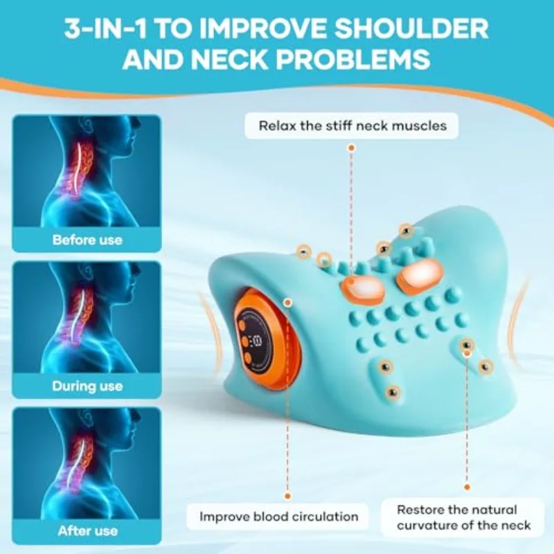 Heated Neck Shoulder Massage Pillow,Electric Deep Tissue Kneading Massager,Ergonomic Blue Rechargeable Design for Home & Office