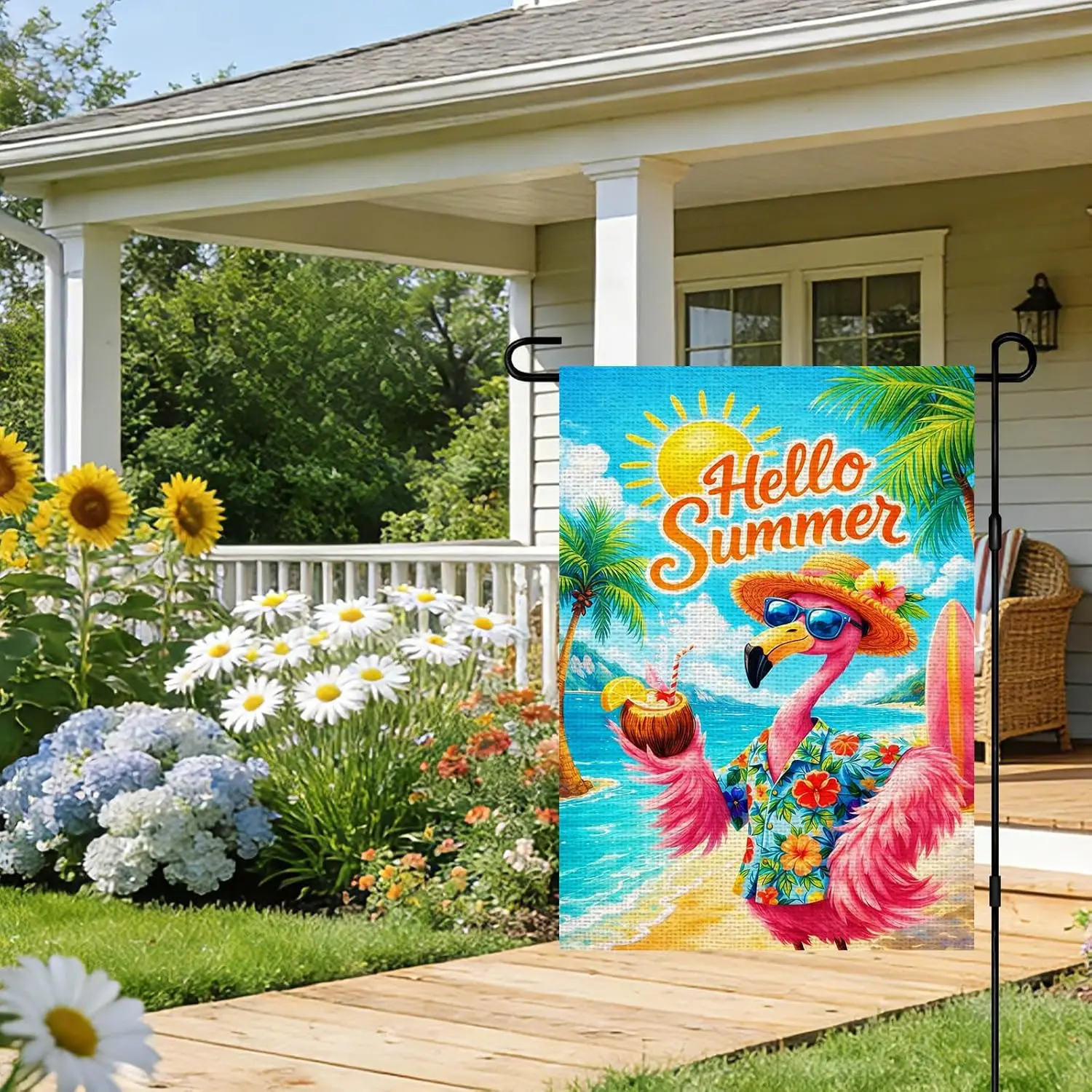 IVN Hello Summer Flamingo Garden Flag 12x18 Inch Double Sided Burlap Tropical Beach Shirt Pink Bird Yard Decor For Outdoor L GGO