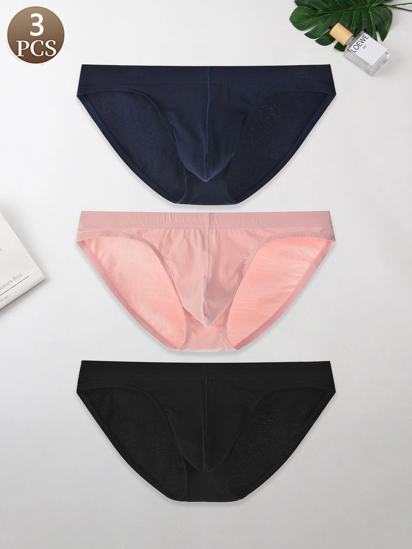 

3PCS Solid color casual and comfortable simple Men's brief Low waist breathable sweat absorbing seamless convex bag strap