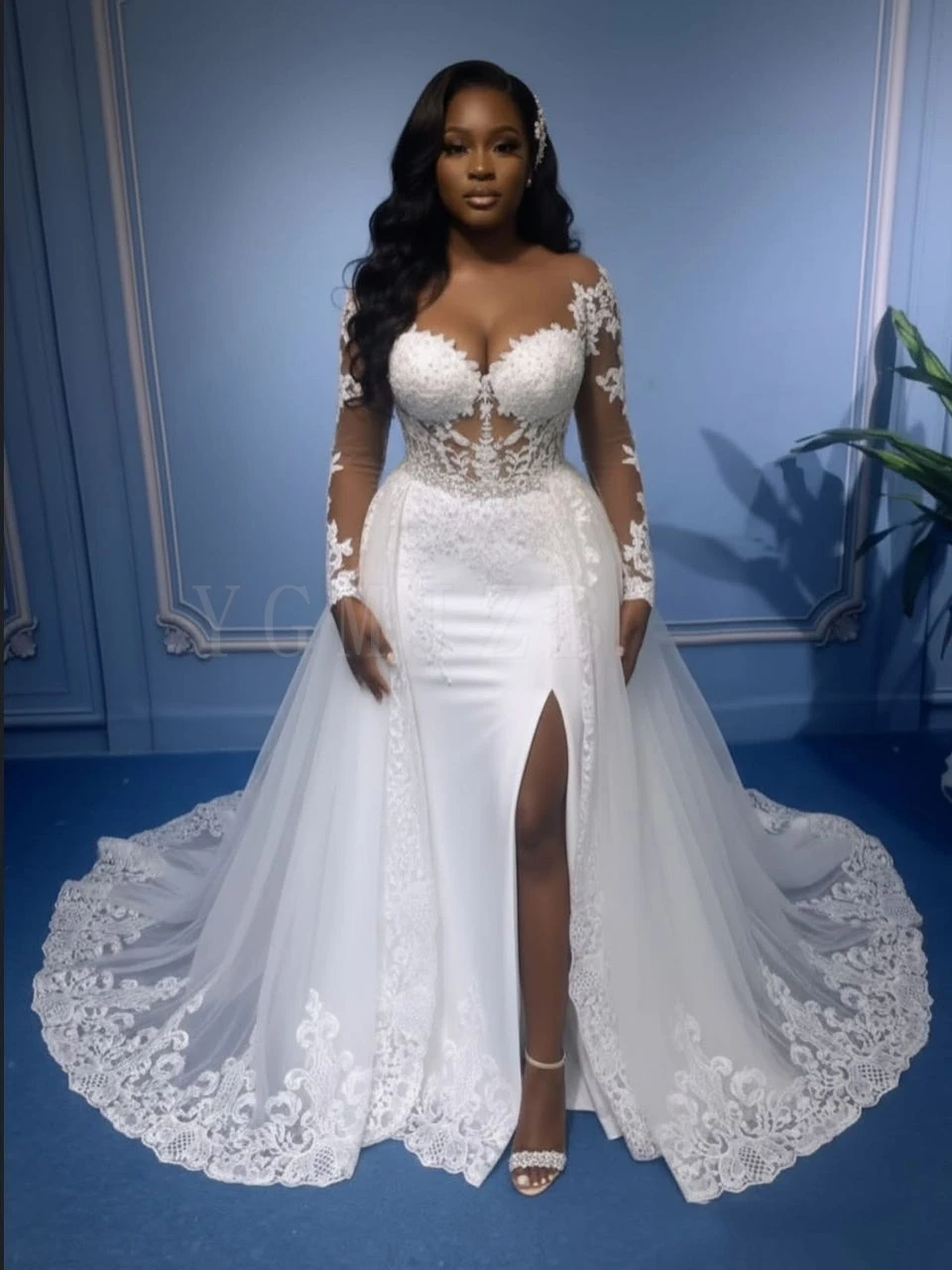Sexy See Through Back Wedding Dresses for Bride Mermaid Lace Appliques Long Sleeves 2 In 1 Detachable Overskirt Bridal Gown