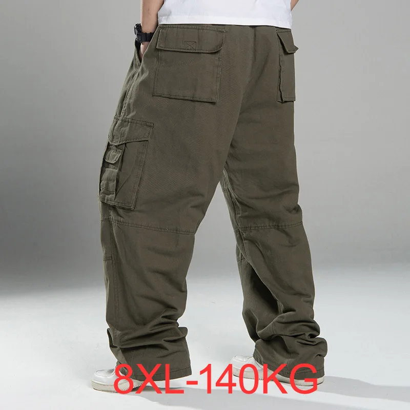 Plus Size 7xl 8XL spring Autumn Men cargo pants thick high street pants safari style pockets Skateboard out door straight pants