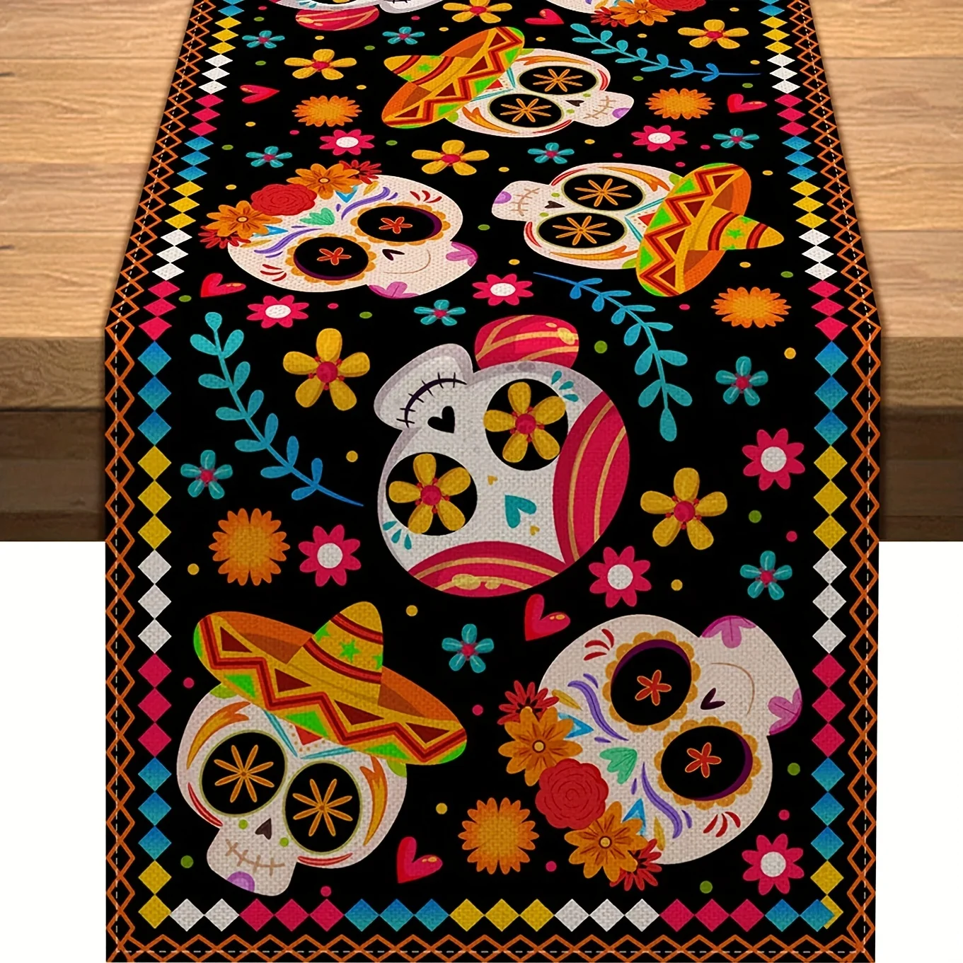 Day of The Dead Linen Table Runners Candy Skull Dia De Los Murtos Mexico Fiesta Festival Party Decor Kitchen Dining Table Decor