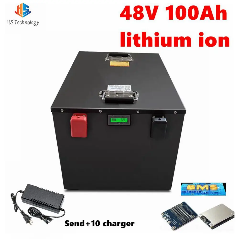 HS lithium ion 48V 100AH battery pack li ion BMS for 5000w UPS scooter bike transportation club solar system + 10A charger