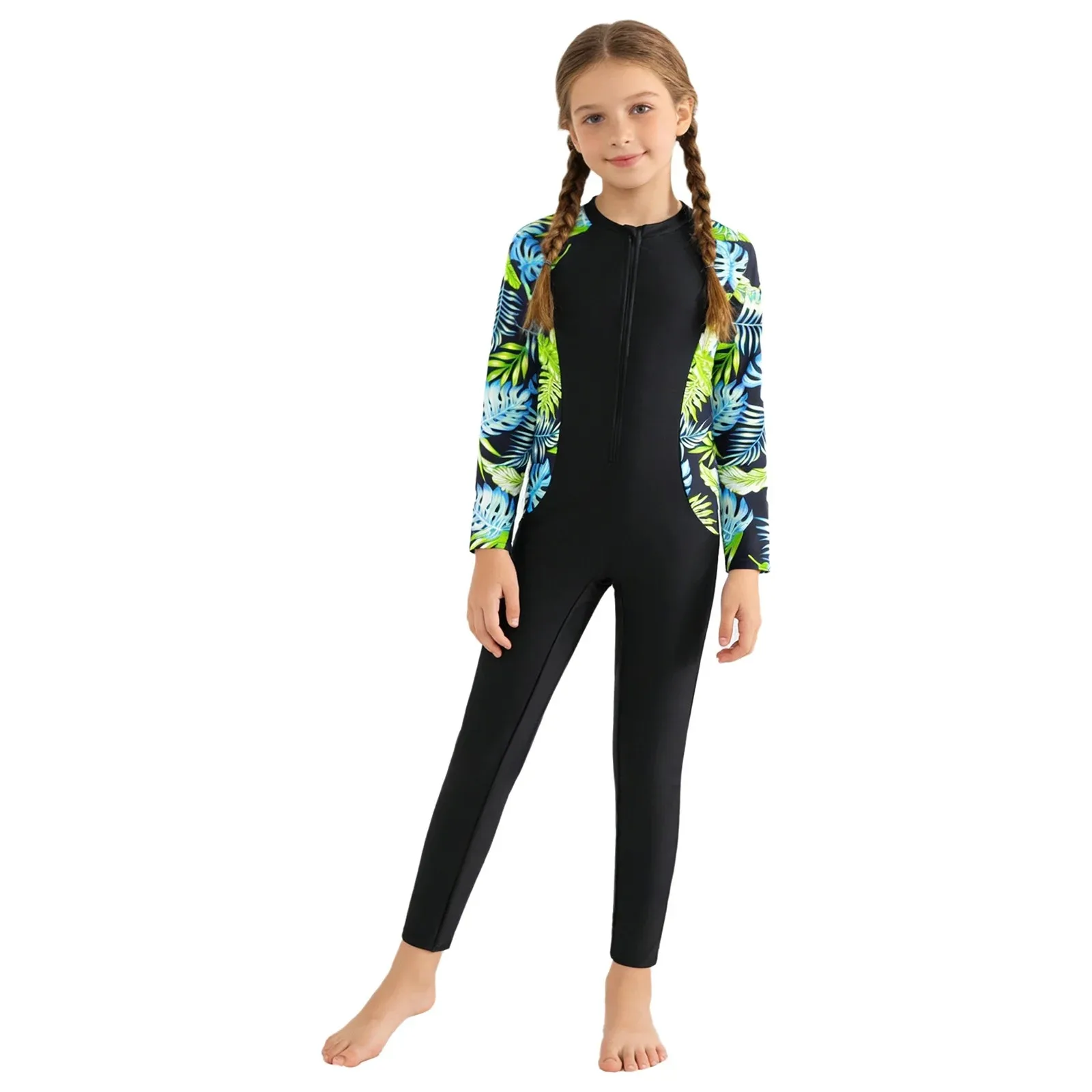 Girls One Piece Swimsuit Long-sleeve Long Pants Swimwear Jumpsuit for Surfing Diving Water Sports Bathing Beach Surfing Suit
