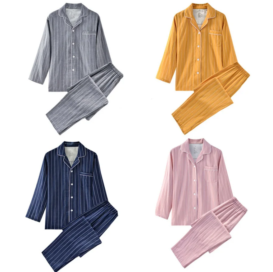 

New Japanese Double Yarn Home Wear Sets Men's Long Sleeved Cotton Pajamas Set Cardigan Front Button Women's Stripe Sleepwear