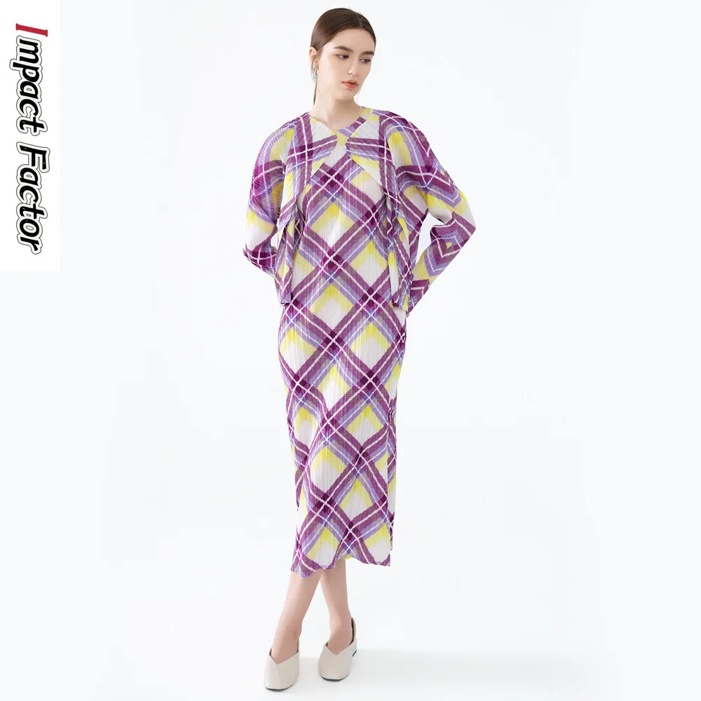 

Miyake Spring and Autumn New Lady Plaid Dress Jacket Two-piece Temperament Lapel Jacket Waist Skinny A-shaped Skirt Women