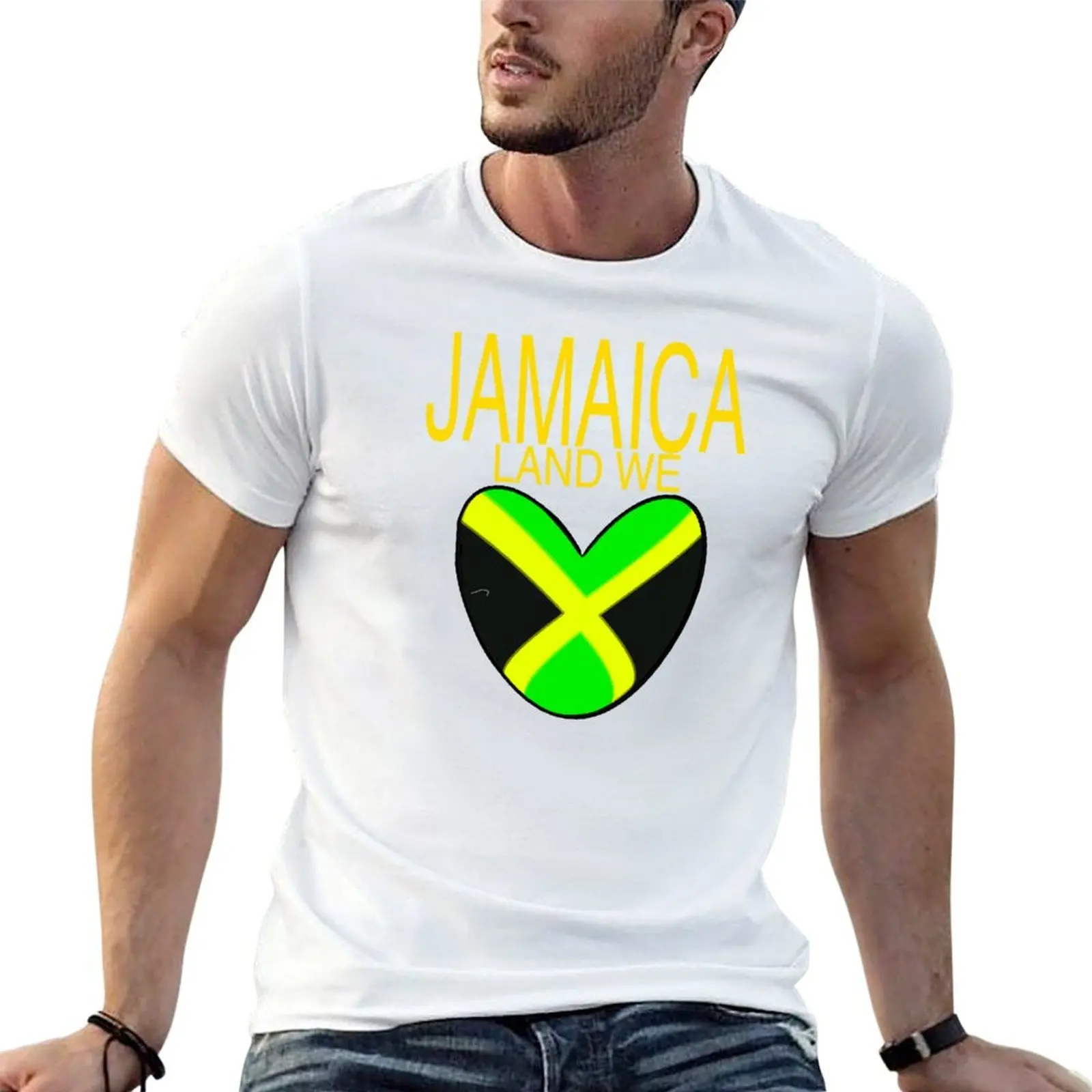 

Jamaica land we love with Jamaican flag colors colours black green and yellow inside a heart shape T-Shirt
