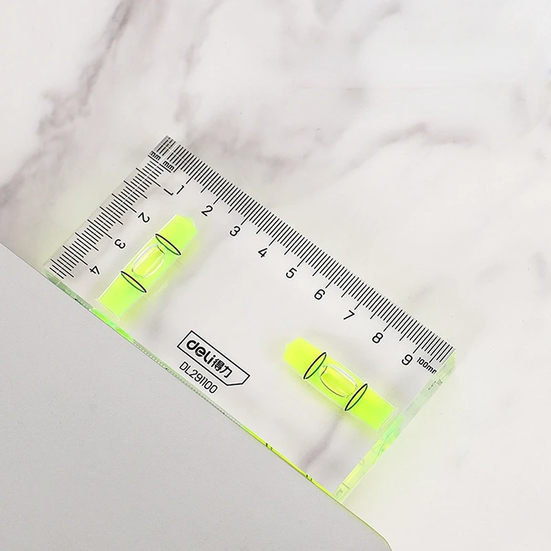 Deli 1 Pcs 100mm Transparent Level Ruler Acrylic 1mm/m High Precision 2 Horizontal Bubbles Design Multifunction Measuring Tool