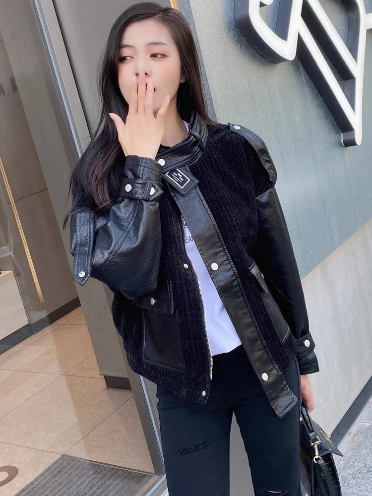 المرأة Fce اصطف ort السائق Jaet بولي Leather الجلود Thiened الخريف الشتاء ملابس خارجية عادية Sle طويلة Sve سستة إغلاق